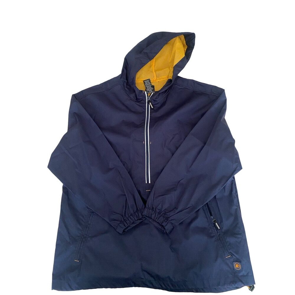 Vintage Starter Jacket Mens L Navy Yellow Hooded Anorak Pullover Windbreaker 90s